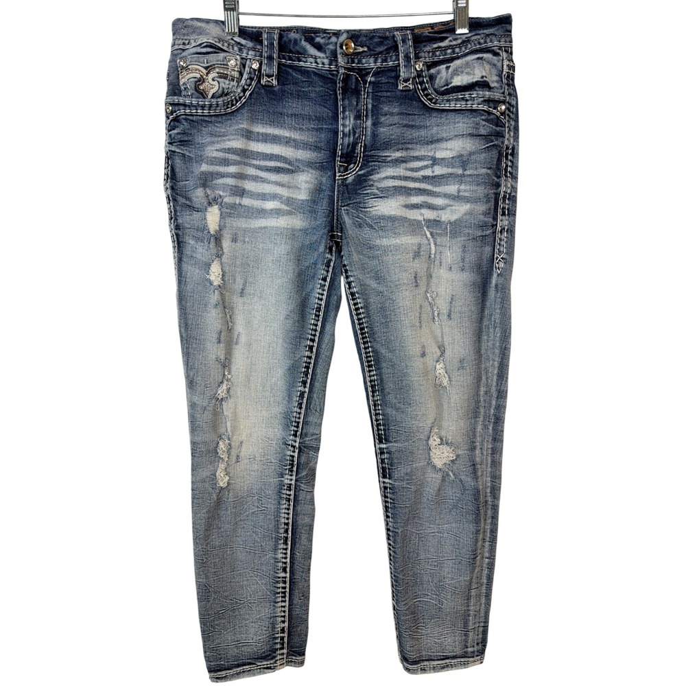 Rock Revival Cambria Easy Ankle Skinny Jeans Women 31 Blue Distressed Embellishe